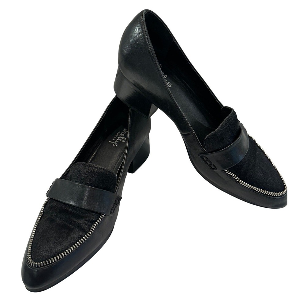 Shellys London Black Leather Faux Hair Zipper Trim Block Heel Penny Loafers 8.5